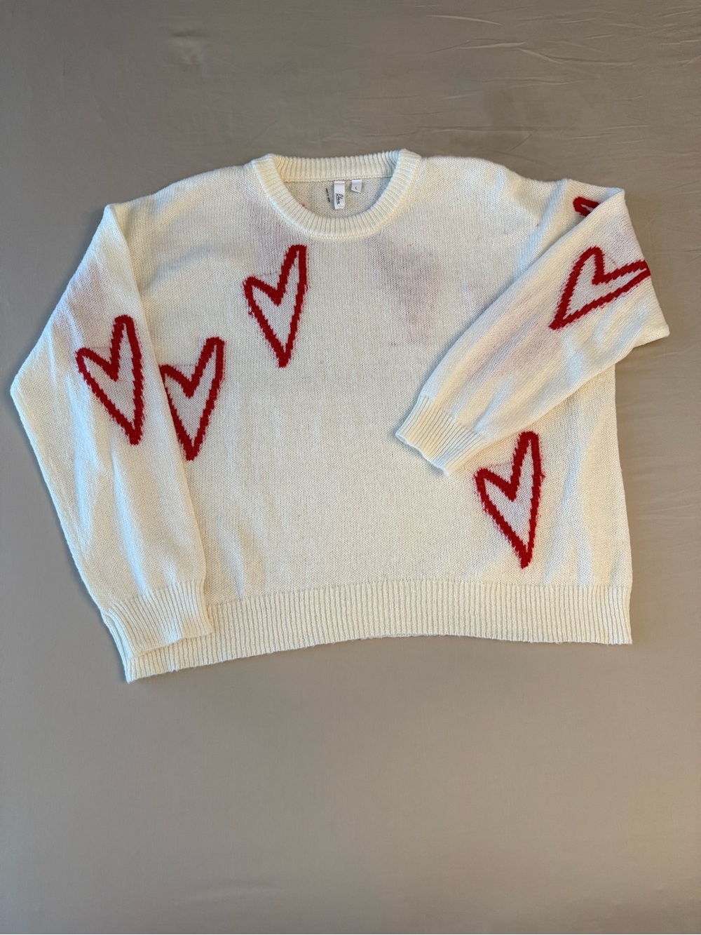 Elan Ivory Heart Print Soft Girl Crewneck Sweater Oversized Cozy Knit Pullover L - Picture 11 of 17